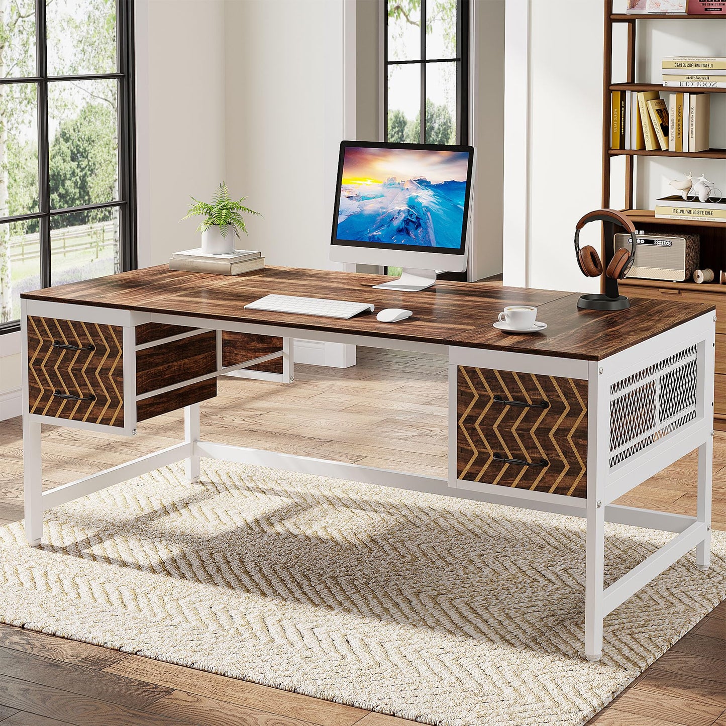 Tribesigns Computer Executive Desk with Drawers: Wood 63" Computer Desk with 4 Storage Drawers, Farmhouse Study Writing Table, Herringbone Business Furniture for Home Office, Brown and White - WoodArtSupply