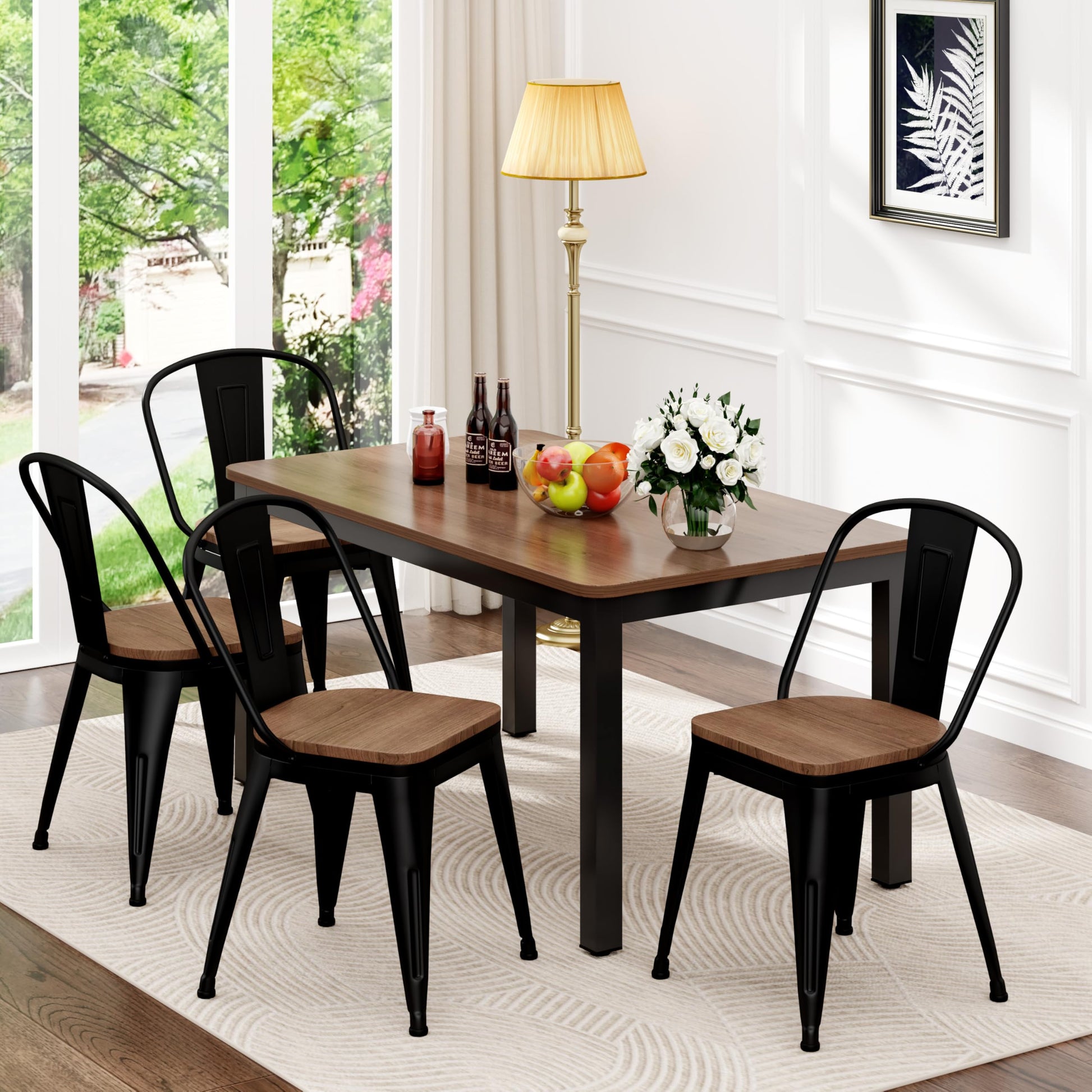 18 Inch Metal Dining Chairs Set of 4,Arlunar Farmhouse Chairs Black Dining Room Chairs Stackable with Back and Wooden Seat bar stools - WoodArtSupply