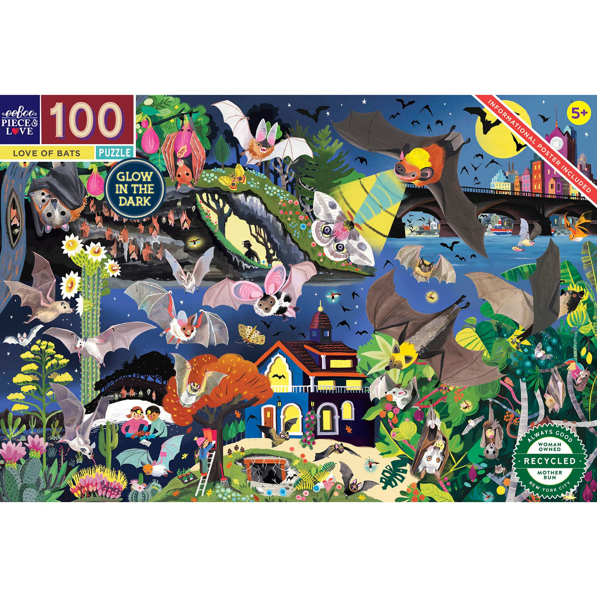 eeBoo Love of Bats Glow in The Dark 100 Piece Jigsaw Puzzle/Ages 5+ (PZBAT) eeBoo