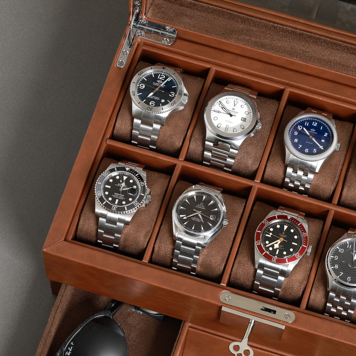 ROTHWELL 10-Slot Watch Box in Leather with Valet Drawer, Luxury Watch Case Display Organizer with Ultra Soft Microsuede Liner, Jewelry and Sunglass Holder With Large Glass top (Tan/Brown) ROTHWELL