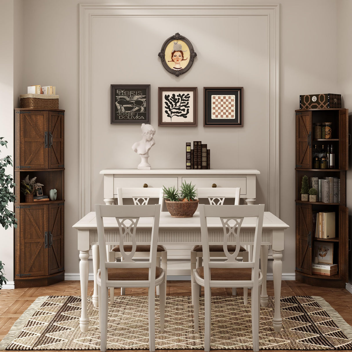 Vabches 64.8" Tall Farmhouse Corner Cabinet with 4 Doors and 5 Storage Shelves, Farmhouse Storage Cabinet with Barn Door Design, Home Space Saver for Living Room, Kitchen, Laundry Room,Brown Vabches