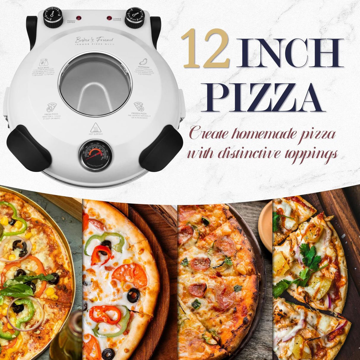 Baker’s Friend Electric Pizza Oven Indoor Countertop, 12 Inch Pizza Maker Machine for Home, Pizza Cooker & Pizza Grill, Premium Glazed Ceramic Stone Pizza Oven, Creamy White Baker's Friend