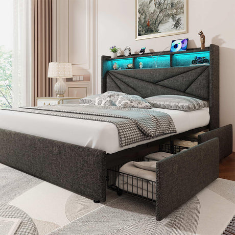 Driftalia LED King Size Bed Frame with 4 Storage Drawers, Upholstered King Bed Frame with 2-Tier Headboard and Charging Station, No Box Spring Needed, Easy to Assembly - Dark Grey Driftalia