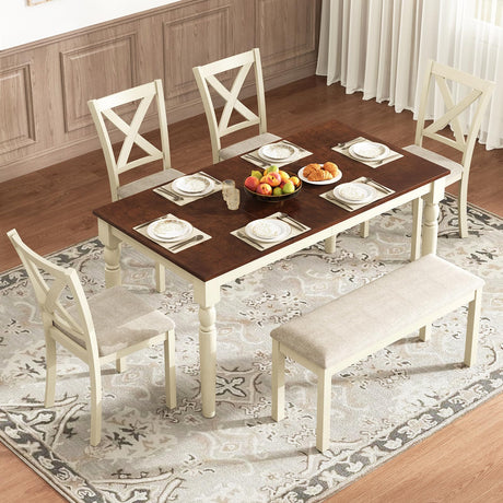 AMERLIFE 6-Piece Farmhouse Dining Table Set, 60” Solid Wood Table, 4 Upholstered Chairs and Bench, Rustic White and Walnut Finish, Seating for 6, for Kitchen or Dining Room AMERLIFE