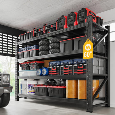 Fesbos 5000LBS Metal Steel Storage Shelves - 60" W Black 4 Tier Heavy Duty Rack Commercial Industrial Shelving with Adjustable Shelf for Basement Garage Warehouse - 60" W x 24" D x 70" H