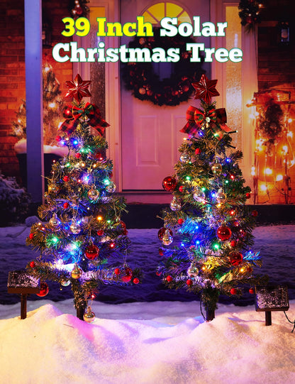 100LED Solar Christmas Tree Lights Outdoor Waterproof, 8 Modes Large Solar Christmas Trees Lights with Xmas Ball & Red Berry, Solar Powered Christmas Decorations for Outside Pathway Garden Yard Decor