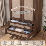 Brafab Armoire Wardrobe Closet with 2 Rattan Doors, 71" Farmhouse Tall Freestanding Coat Closet Wardrobe Cabinet with Drawers and Hanging Rail, Wooden Armoire Storage Cabinet with Shelf for Bedroom Brafab