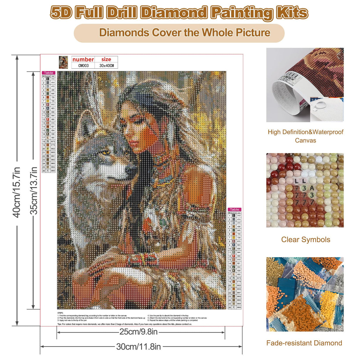 CEOVR American Native Indian Woman Diamond Art Kits for Adults, Wolf Diamond Painting Dots DIY DIY Gem Art, Adult Crafts Kits Wall Decor for Home Office 12x16in CEOVR