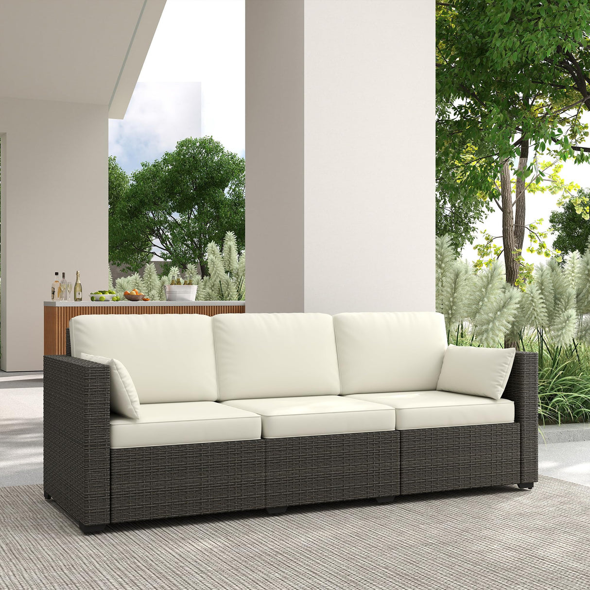 Outsunny Patio Couch PE Wicker Deep Seating Outdoor Sofa with Removable Cushions, 3 Seater Rattan Sofa, Outdoor Furniture for Balcony, Deck, Garden and Poolside, Cream White Outsunny