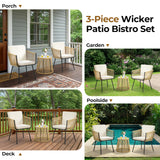 Yaheetech 3 Piece Patio Rattan Bistro Set, Outdoor All Weather PE Wicker Conversation Furniture Set with 2 Chairs & Tempered Glass Top Table & Cushions, for Poolside/Porch/Garden/Yard, Tan/Cream Yaheetech