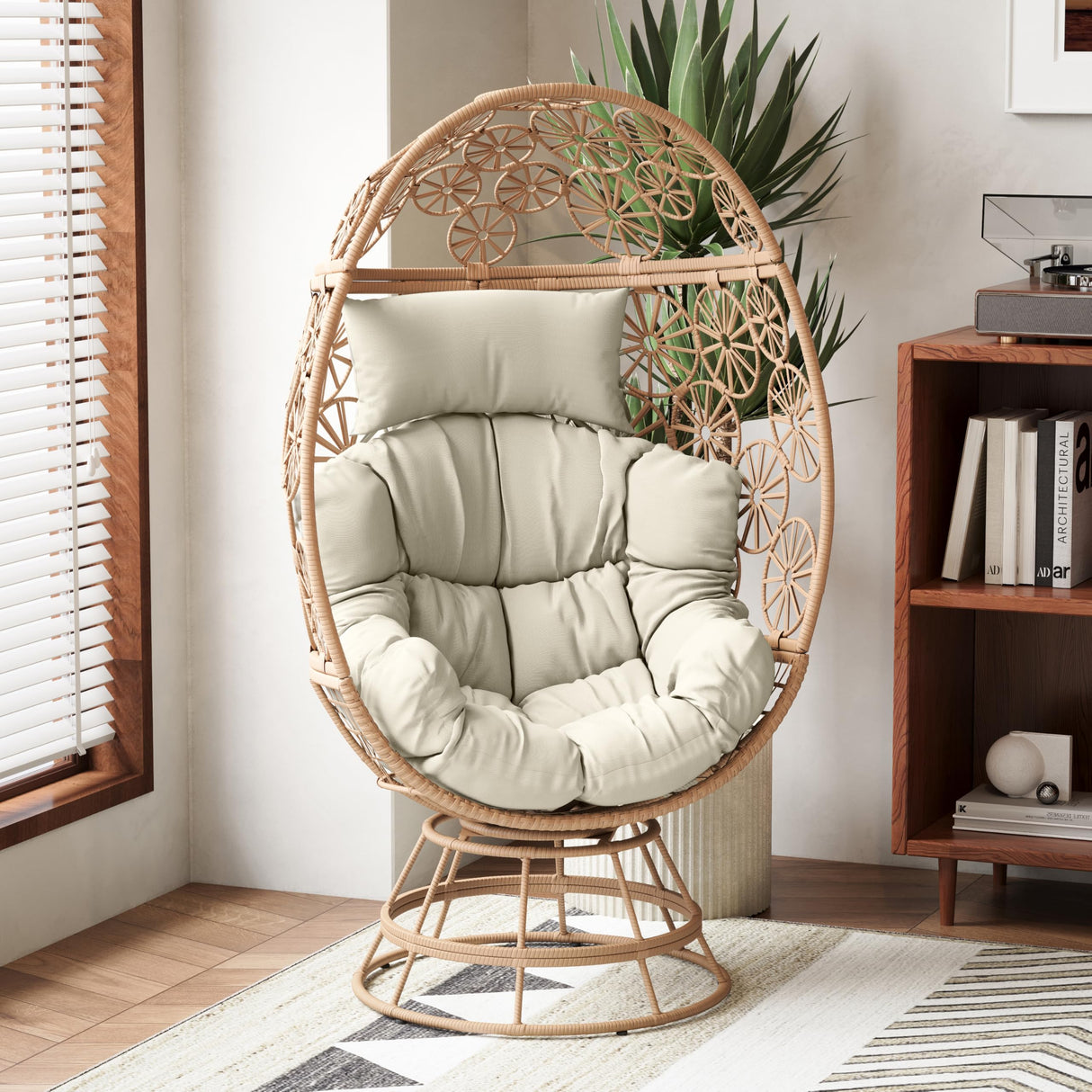 Christopher Knight Home Gary Patio Woven Faux Rattan Swivel Egg Chair, Outdoor Iron Frame Wicker Lounge Chair/Papasan/Basket Chair, Removable Cushion, Head Support, Weather Resistant, Brown+Beige Christopher Knight Home