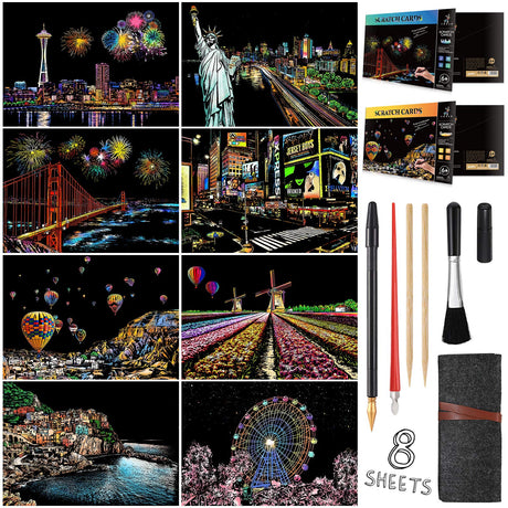 Scratch Painting Kits for Adults & Kids, Rainbow Painting Night View Scratchboard(A4), Crafts Set: 8 Sheets Scratch Cards with 6 tools in Bag - New York, Statue of Liberty, Seattle(America / Europe) MIASTAR