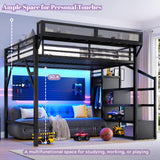 Queen Loft Beds with Storage Beside Shelves and Wardrobe, Metal Loft Bed Queen with LED Lights and USB Ports, Heavy-Duty Loft Bed Frame for Teens, Adults, Noise-Free & Space-Saving, Metal Black Bellemave