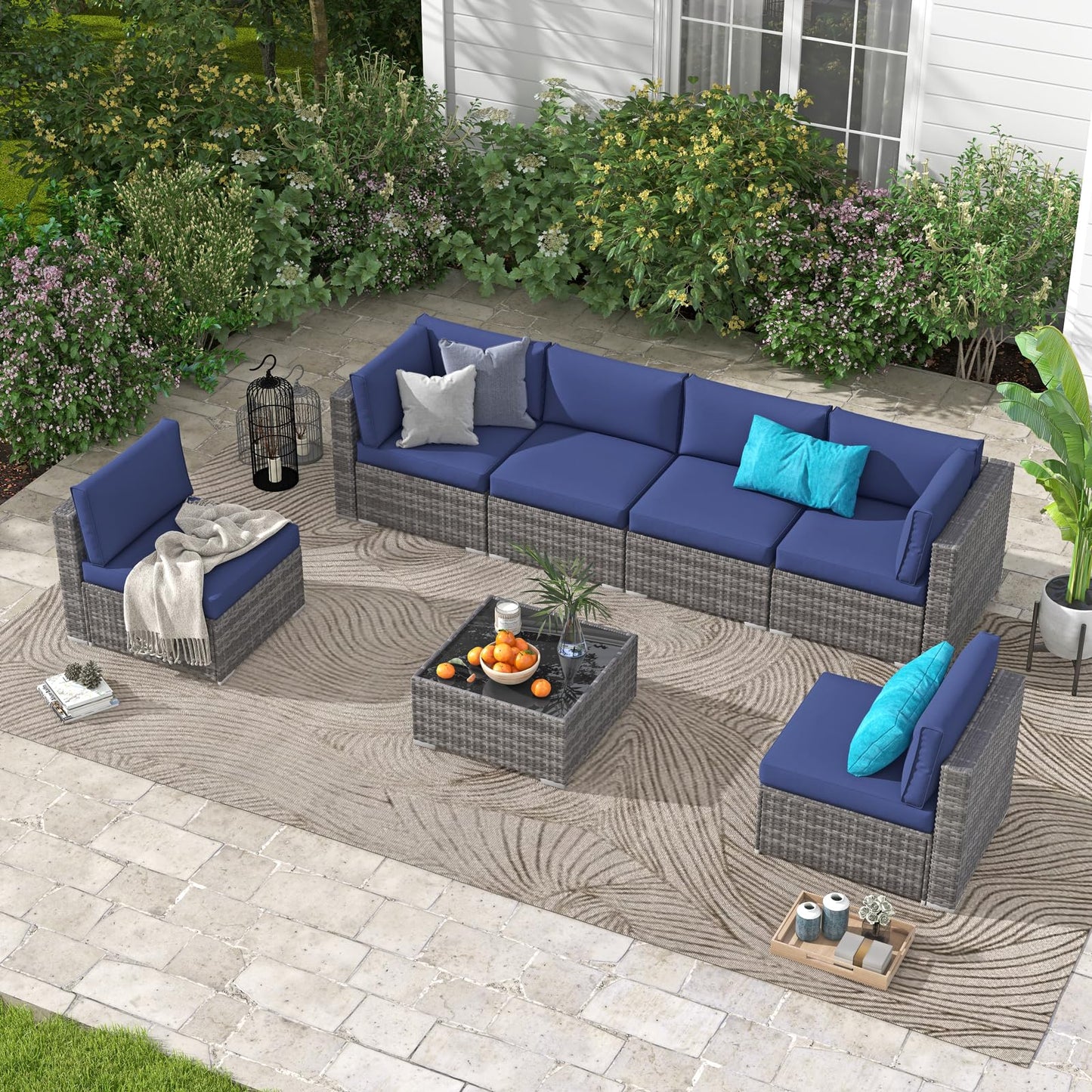 Yangming 7 Piece Outdoor Patio Furniture Sets, Outdoor Sectional Furniture with Tempered Glass Table and Cushion, Rattan Chairs Wicker Couch Conversation Set for Deck, Backyard, Porch, Lawn,  - WoodArtSupply