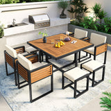 Merax 9 Pieces Outdoor Dining Set for 8 People, Acacia Wood Patio Furniture Sets with 1 Square Table, 4 Cushioned Chairs and 4 Ottomans for Backyard, Garden, Lawn, Poolside, Space Saving Design, Beige Merax