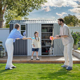 DWVO 8x6ft Metal Tool Shed with Window, Outdoor Storage Shed for Backyard, Lawn, and Patio, Heavy-Duty Storage Unit with Four Vents & Lockable Door for Storing Tools, Equipment, Gray & White DWVO