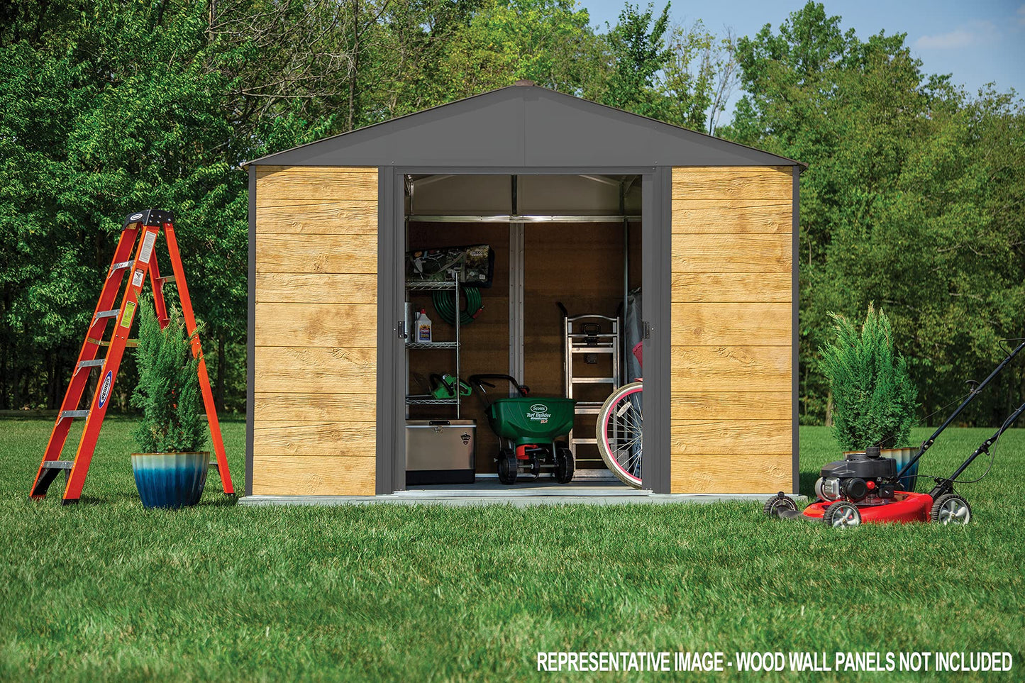 Arrow 10' x 8' Ironwood Galvanized Steel and Wood Panel Hybrid Outdoor Shed Kit, Anthracite - WoodArtSupply