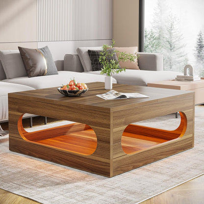 Tribesigns 43-Inch Coffee Table with LED Light, Square Coffee Table with Storage, Wood Cocktail Table, Farmhouse Center Table for Living Room Home Office, Brown - WoodArtSupply