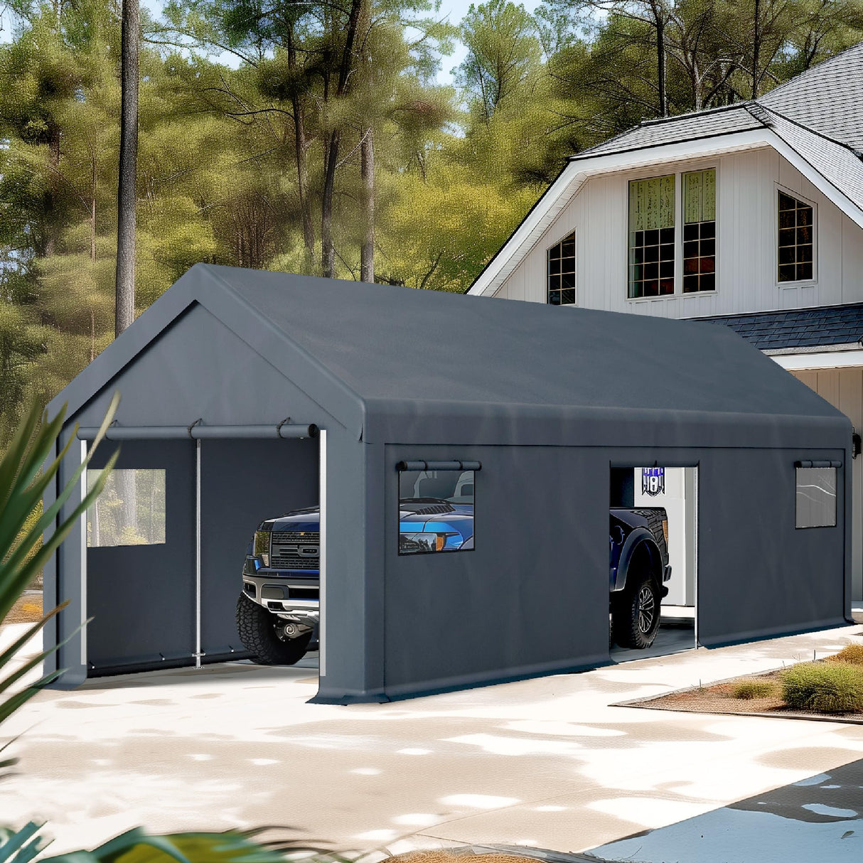 PHI VILLA 13'x24'x9.6' Outdoor Portable Storage Shelter Shed Garage with Roll up Zipper Doors & Vents Carport for Motorcycle Waterproof and UV Resistant Anti-Snow Portable Garage Kit Tent, Gray PHI VILLA