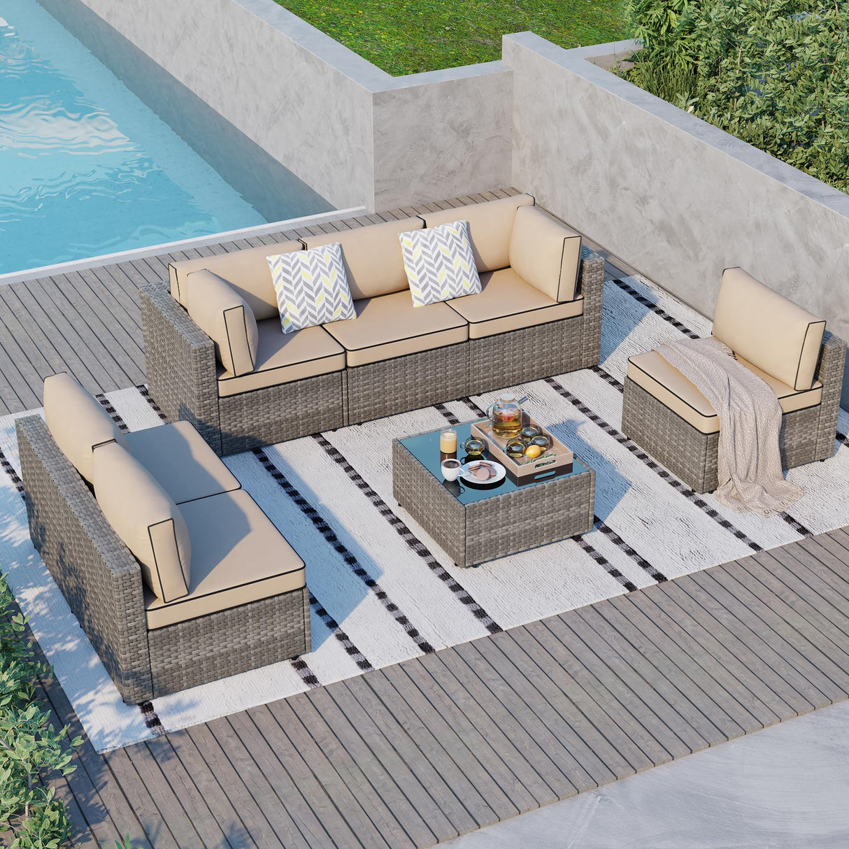 Shintenchi 7 Pieces Outdoor Patio Sectional Sofa Couch, Wicker Furniture Conversation Sets with Washable Cushions & Glass Coffee Table for Garden, Poolside, Backyard (Khaki) Shintenchi