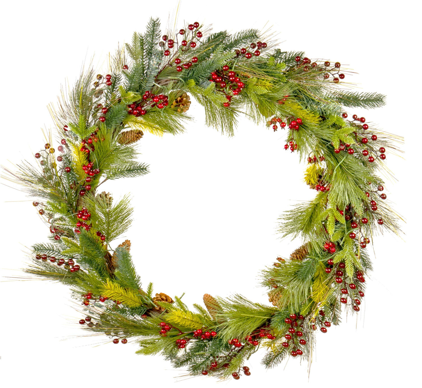 Red Co. 36” Light-Up Christmas Wreath with Pinecones & Evergreens, Battery-Operated LED Lights with Timer