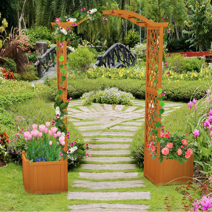 Moccha Wooden Garden Arbor with Planter, Outdoor Pergola Trellis for Climbing Plants, Rose, Vines, Garden Planter Arch for Lawn, Backyard, Wedding, Ceremony, Bridal, Party Decoration, Natural