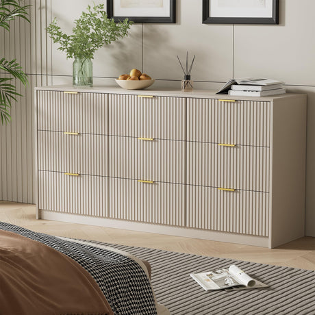 Furniway Beige Dresser for Bedroom, Modern Dresser with 9 Drawers and Smooth Slides, Wide Chest of Drawers with Golden Handles for Bedroom, Living Room, Closet, 15.7" D x 63" W x 31.5" H Furniway