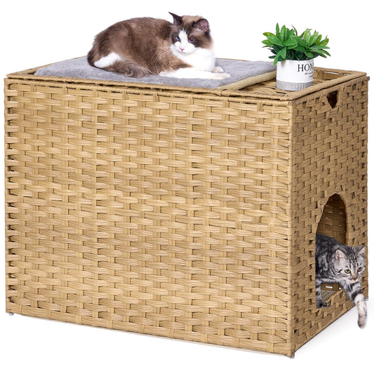 Cat Litter Box Enclosure with Litter Trapping Mat; Handwoven Plastic Rattan Cat House; No Installation Hidden Cat Washroom; Pet Crate for Balcony,Bedroom,Living Room