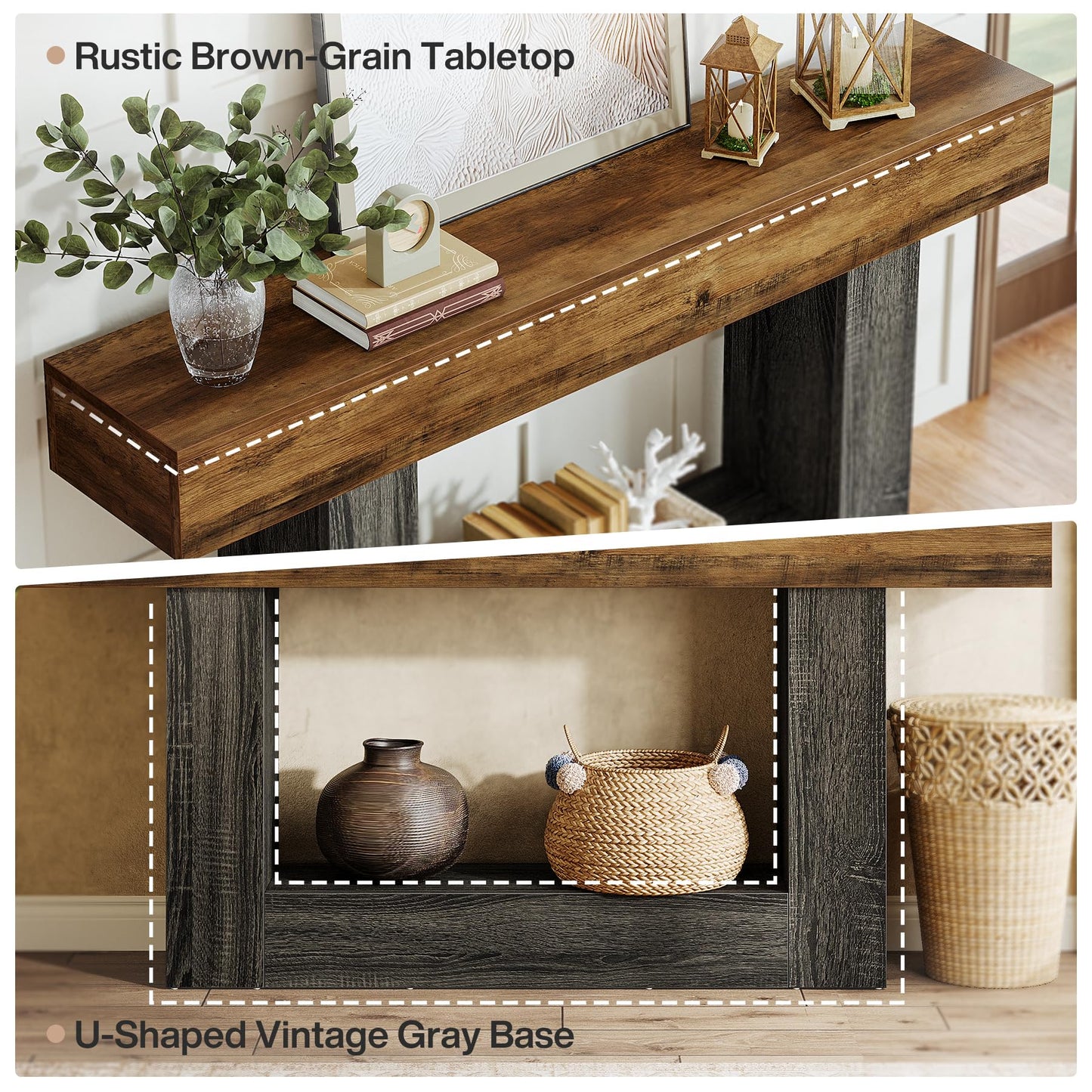 Tribesigns 63-Inch Long Console Table, 2-Tier Entryway Table Sofa Table with Storage, Farmhouse Wood Behind Couch Table for Living Room, Hallway, Rustic Brown & Gray