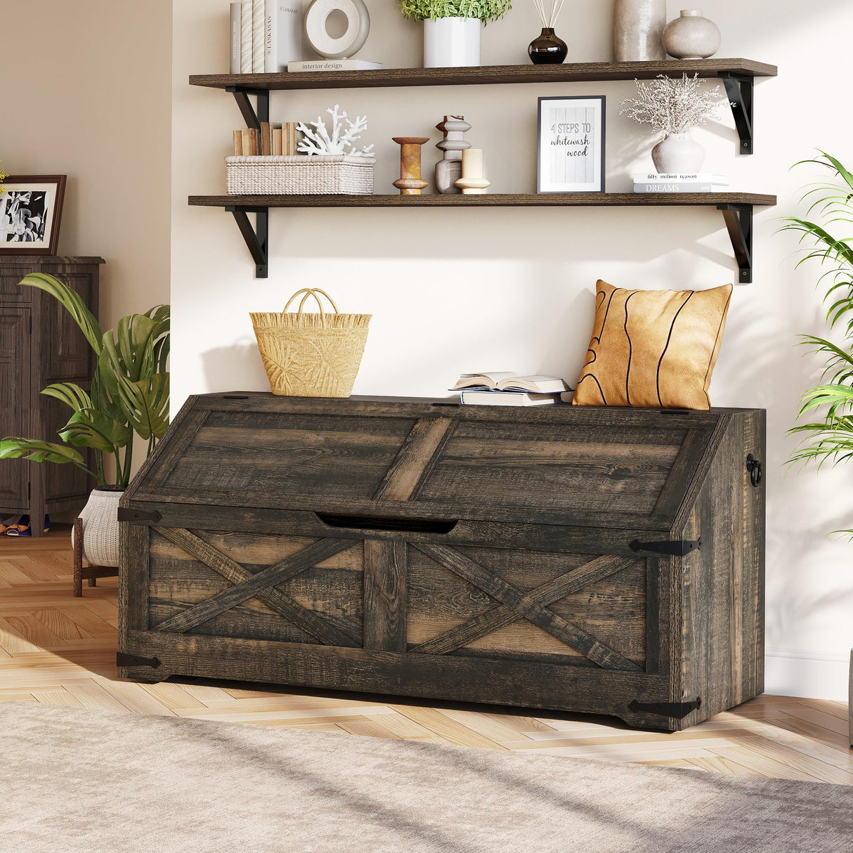 DWVO Storage Chest, Farmhouse Storage Bench with 4 Wheels, 39.4" Wood Storage Trunk with Safety Hinge, Sloped Design, Storage Organizer for Living Room, Bedroom, Entryway, Dark Rustic Oak DWVO