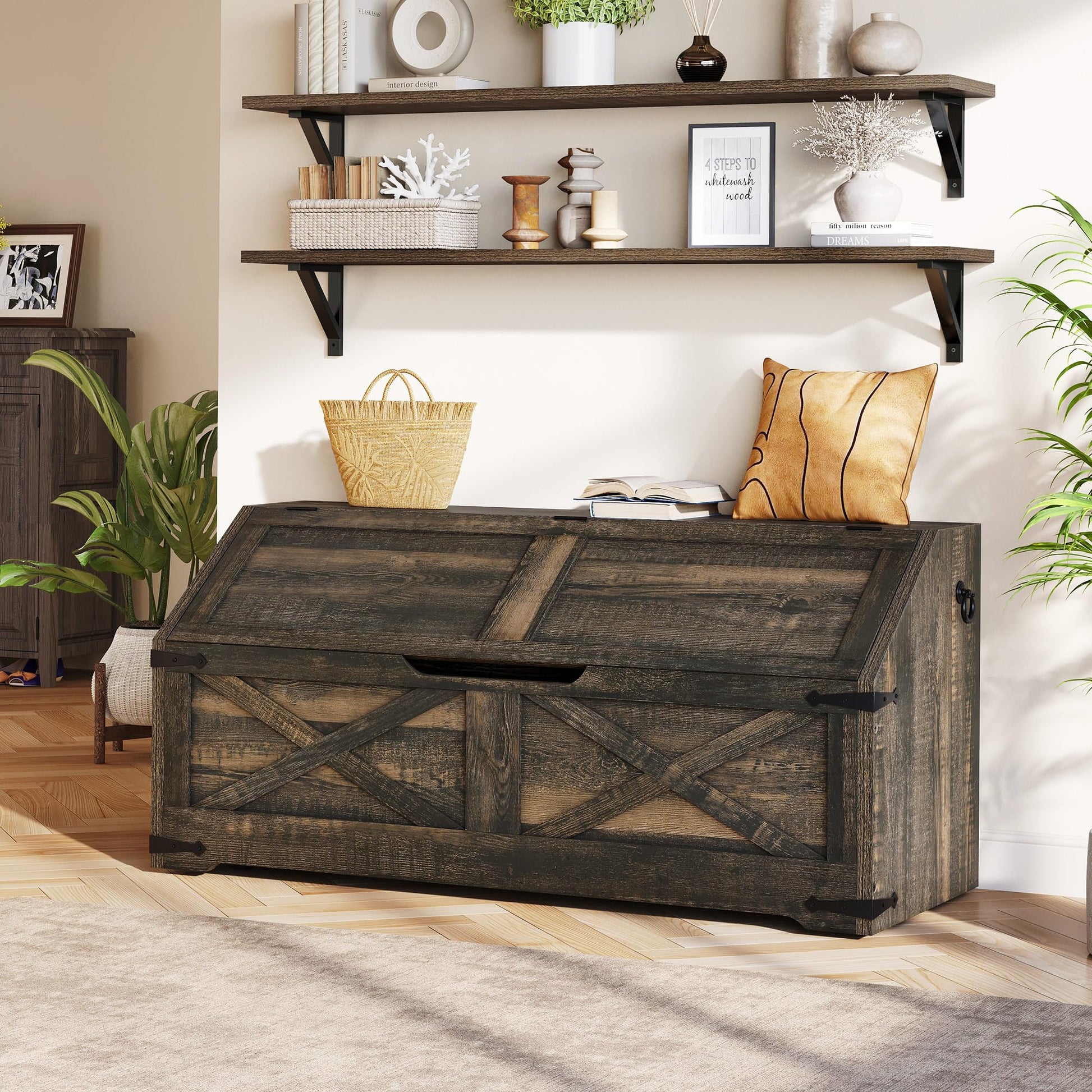 DWVO Storage Chest, Farmhouse Storage Bench with 4 Wheels, 39.4" Wood Storage Trunk with Safety Hinge, Sloped Design, Storage Organizer for Living Room, Bedroom, Entryway, Dark Rustic Oak - WoodArtSupply