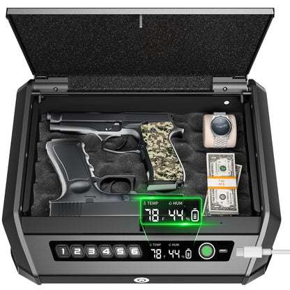 Gun Safe with LCD Display, ≤0.1s Quick Access Handgun Safe for 2-4 Pistols, Hand Gun Lock Box with Fingerprint | Keypad | and Keys for Home Drawer Bedside Nightstand