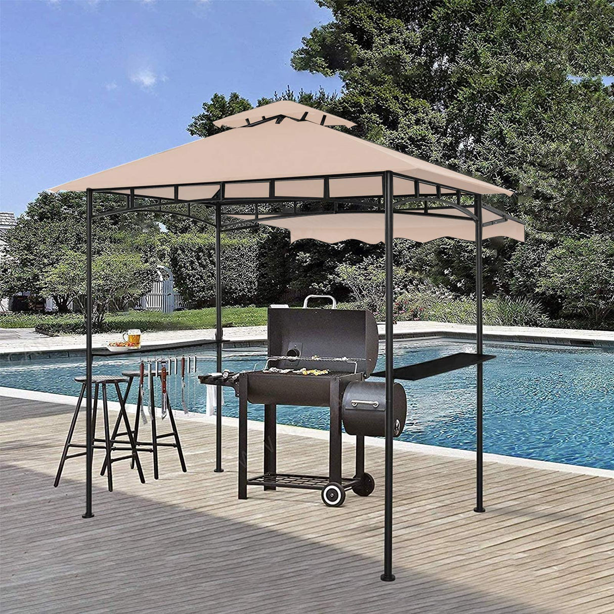 CHARMELEON Double Tiered Grill Gazebo 5x8, Outdoor BBQ Patio Canopy Tent with Stretchable Side Awning (Beige) CHARMELEON