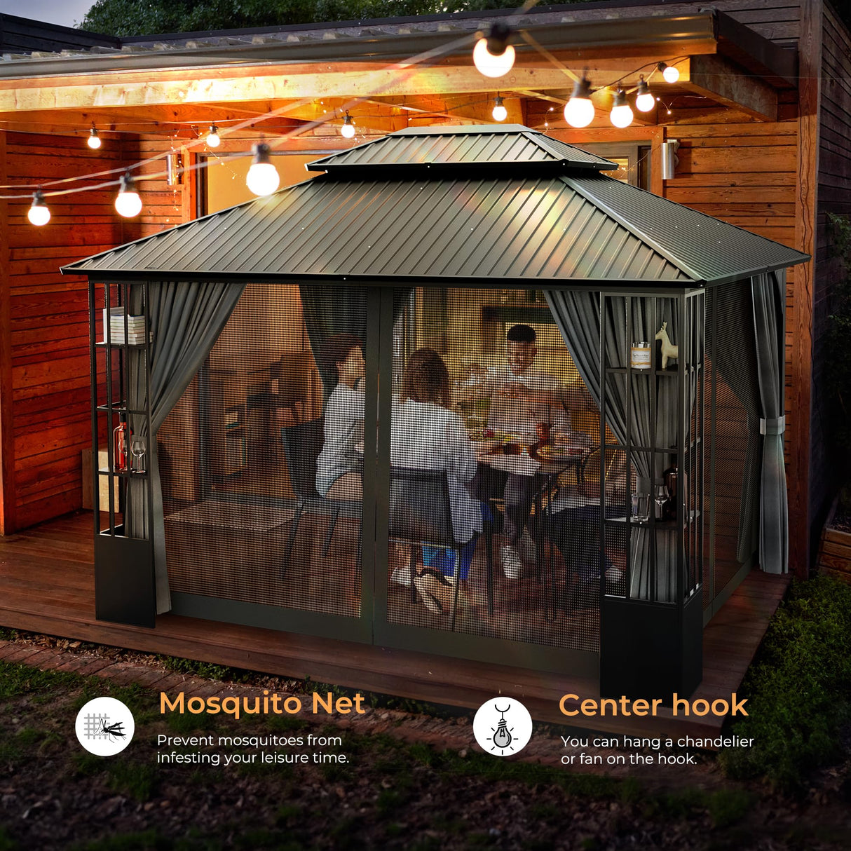 HAPPATIO 10' x 12' Hardtop Gazebo, Outdoor Gazebo with Netting and Curtains, Double Roof Permanent Patio Metal Gazebo Canopy with Storage Shelf for Patio, Deck, Backyard (Gray) HAPPATIO