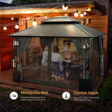 HAPPATIO 10' x 12' Hardtop Gazebo, Outdoor Gazebo with Netting and Curtains, Double Roof Permanent Patio Metal Gazebo Canopy with Storage Shelf for Patio, Deck, Backyard (Gray) HAPPATIO