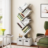 Vagusicc Tree Bookshelf, 6 Tier Bookshelf with Storage, Tall Narrow Bookcase, Rustic Wood Book Storage Rack for CDs/Books, Small Book Organizer Shelves for Bedroom, Living Room, Home Office, White Vagusicc