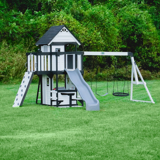 Backyard Discovery Canyon Creek All Cedar Wood Swing Set-White w/Grey Wave Slide, Playhouse w/Grill, Plastic Food, Picnic Area, Steering Wheel, Two Belt Swings, Rock Climbing Wall, Balcony, Web Swing