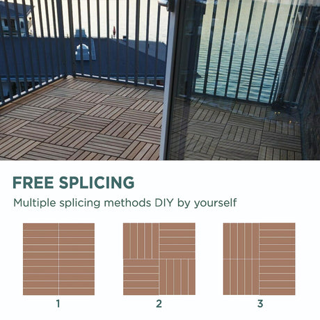 Idzo Interlocking Deck Tiles - 10PCS Waterproof Acacia Wood Patio Tiles, Flooring Tiles for Both Indoor and Outdoor - Decking Stripe Pattern, Dark Brown, 12 x 12 x 0.9 inches IDZO