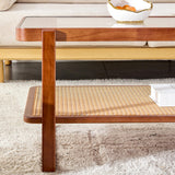 Ganooly Mid Century Modern Coffee Table with Ribbed Glass Top and PE Rattan Storage Shelf, 45 Inch Rectangular Solid Wood Boho Coffe Table, Unique Center Table for Livinig Room Apartment Small Space Ganooly