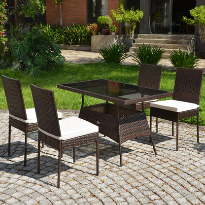 Tangkula 5 Piece Patio Wicker Dining Set, Outdoor Rattan Table and Chairs with w/Tempered Glass Table Top & Padded Cushions, Wicker Patio Conversation Furniture Set for Balcony Patio Garden P - WoodArtSupply