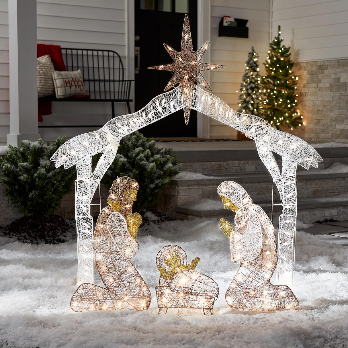 National Tree Company Pre-lit Artificial Christmas Décor - Includes Pre-strung White Mini White LED Lights and Ground Stakes - Crystal Holy Family Nativity - 4.5 ft National Tree Company