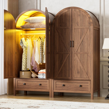 PAKASEPT Armoire Wardrobe Closet with Drawers and 2 Arched Fluted Doors, 70.9‘’ Tall Wooden Bedroom Armoires with LED Light & Shelves and Hanging Rod(Brown) PAKASEPT