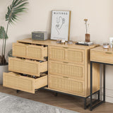 Rattan 6 Drawer Dresser Boho Dresser Chest of Drawers Farmhouse Oak 6 Double Drawer Dresser Cabinet with Wide Drawers Metal Legs Mid Century Modern Storage Dressers Chest for Bedroom, Living Room Furtivusia