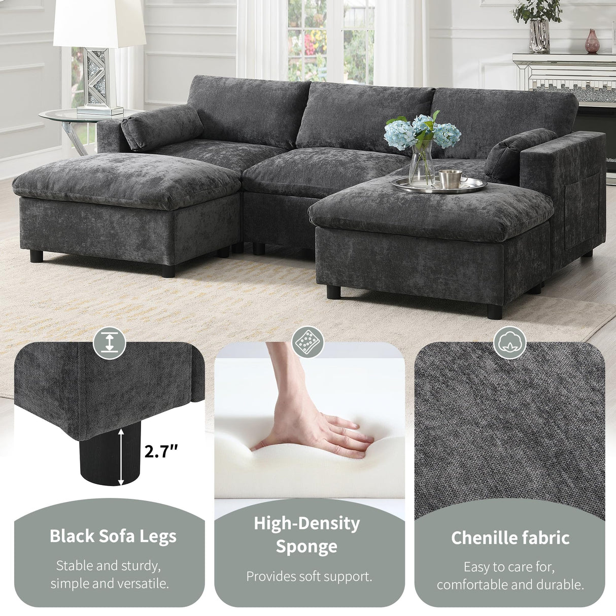 Merax 86.5" Sectional Sofa with Storage Pockets & Removable Ottomans, 5 Seat U Shaped Sleeper Cloud Couch Set, Convertible L-Shaped Chenille Upholstered SofaBed for Living Room and Apartment, Black Merax