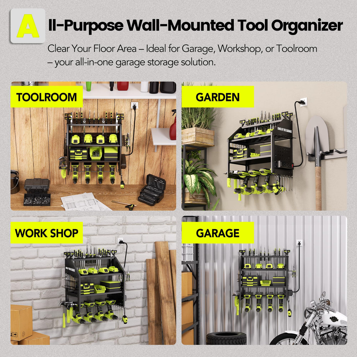 YFFSRJDJ Power Tool Organizer Wall Mount with Charging Station – King of the Garage, 4 Drill Holders, Heavy Duty Cordless Tool Rack with 4-Outlet Power Strip, Gifts for Him, Birthday Gifts for Men YFFSRJDJ