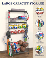 Mythinglogic Garage Sports Equipment Organizer, Ball Storage Extra Large Capacity Six Tier Sports Organizer for Garage, Basketball Rack with Hooks and Baskets for Football, Soccer Ball, Bat, Toys Mythinglogic