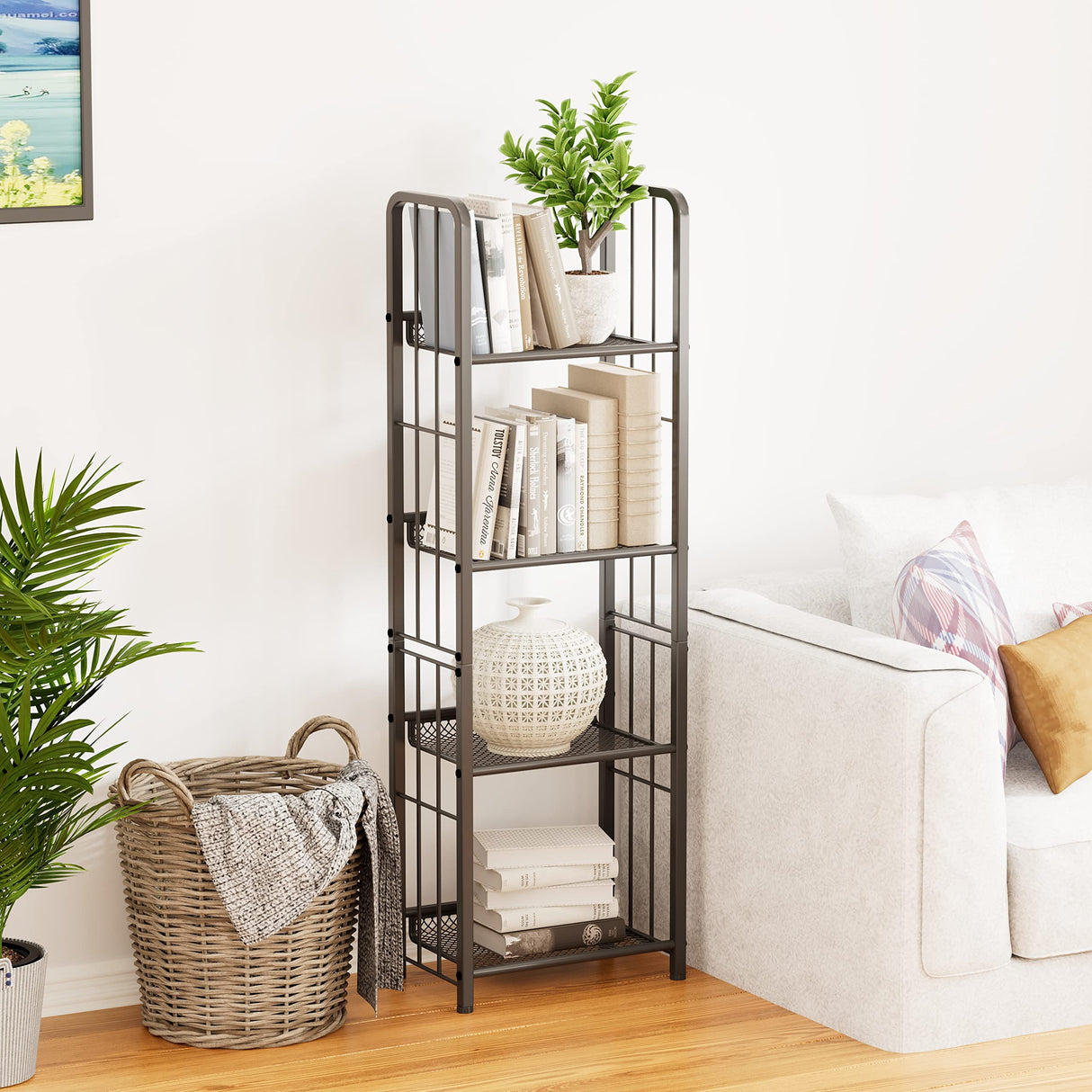 Azheruol Bookshelf Vertical Storage Freestanding Storage Stand for Living Room, Bedroom, Kitchen, Rust Resistance, Easy Assemblyl Free CombinationMulti-Functional Organizer (4 Tiers, Black) Azheruol