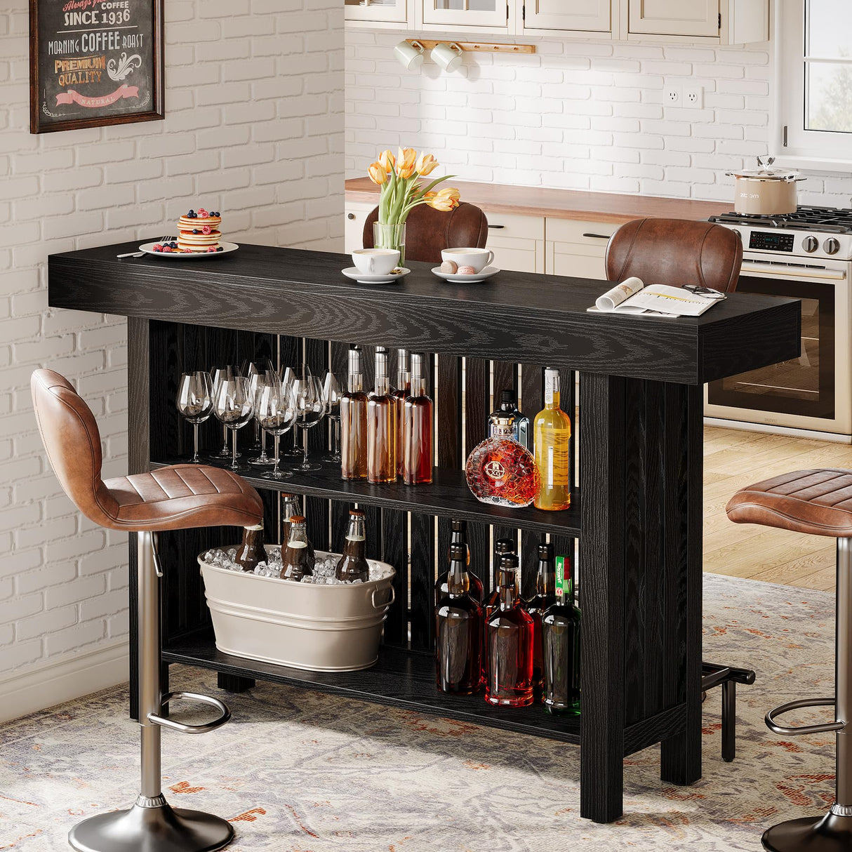 Tribesigns 63-Inch Large Home Bar Unit, 2-Tier Mini Bar Table Height Pub Table with Footrest, Modern Black Coffee Bar Cabinet for Home Kitchen, Bistro, Dining Room, Living Room Tribesigns