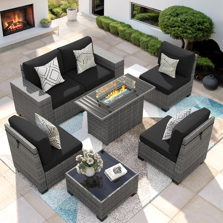 VONZOY 7 Piece Patio Furniture Set with Fire Pit Table, Outdoor Sectional Conversation Sets Wicker Rattan Sectional Sofa with Coffee Table for Patio Garden Backyard, 4'' Thickened Cushion Black VONZOY