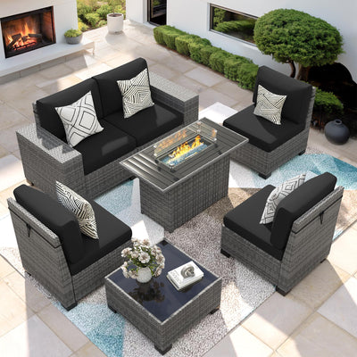 VONZOY 7 Piece Patio Furniture Set with Fire Pit Table, Outdoor Sectional Conversation Sets Wicker Rattan Sectional Sofa with Coffee Table for Patio Garden Backyard, 4'' Thickened Cushion Black